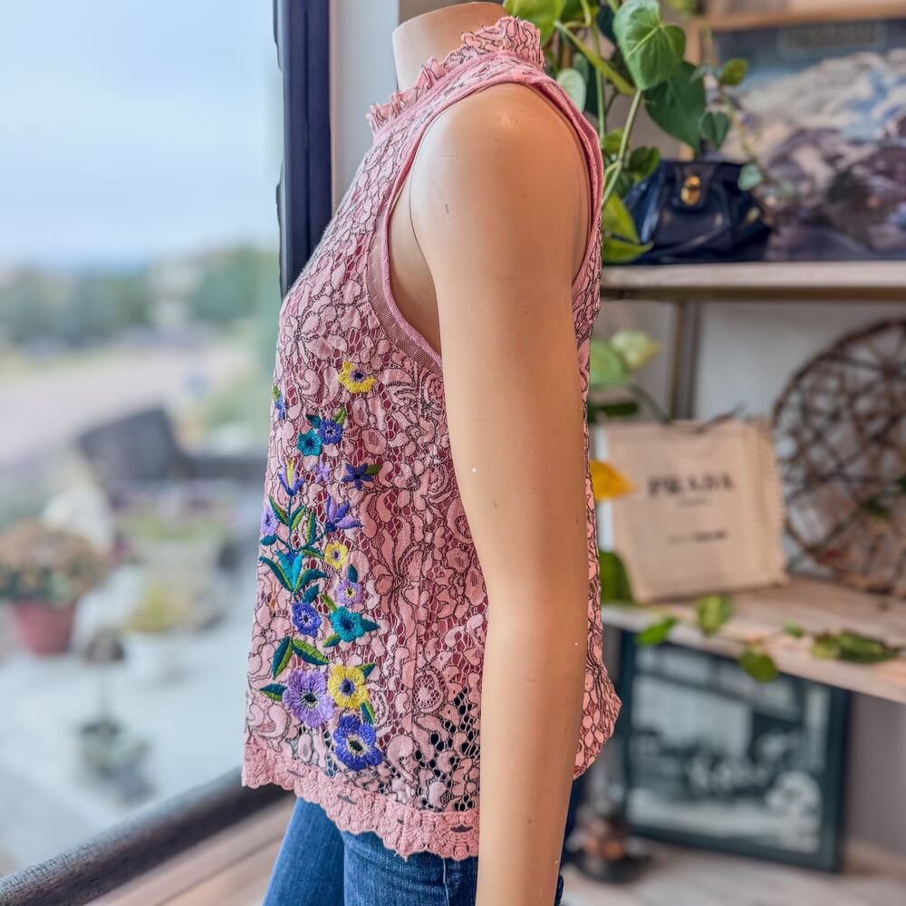 BluHeaven Pink Floral Embroidered Lace Sleeveless Top High Ruffled Neck,  Small - Picture 4 of 10